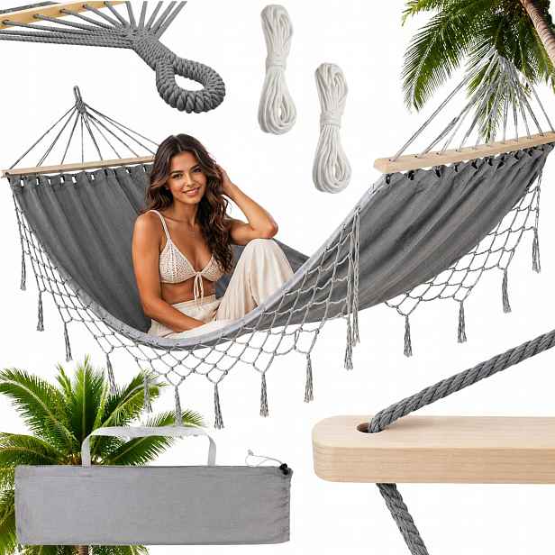 Zahradní Houpací Síť Turistická S Třásněmi Šedá Houpačka Boho Taška 200 X 100 CM