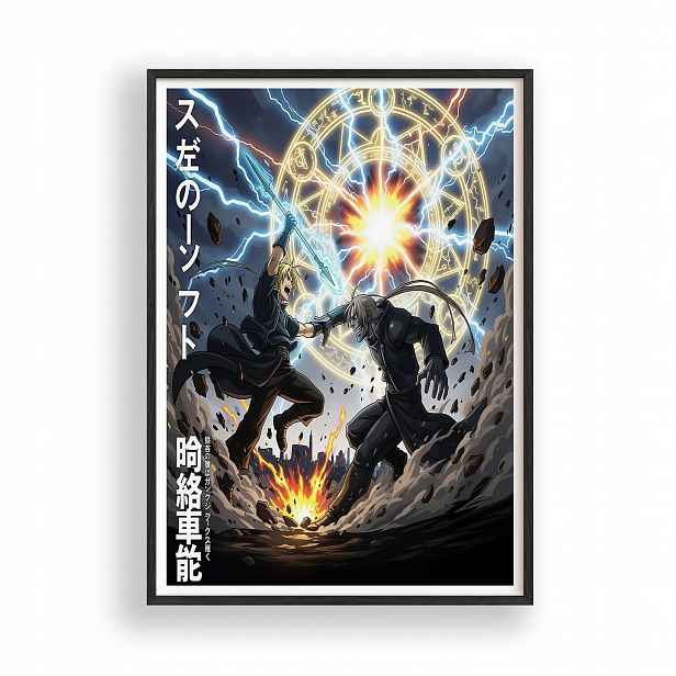 Obraz Fullmetal Alchemist Boj Anime Plakát Rámeček Dřevěný Černý 30x42 cm