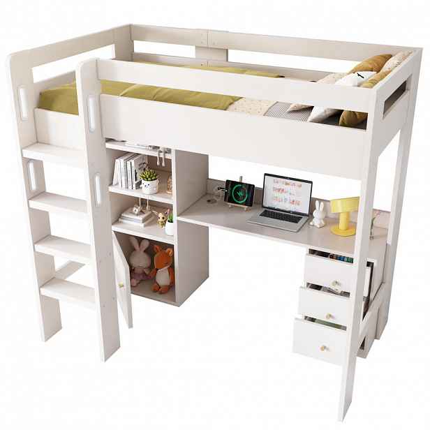 STILVORA HOCHBETT 90/200 cm in Weiß Kinderbett mit Schreibtisch, Schrank, Schubladen und USB/Type-C