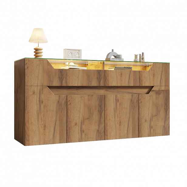 STILVORA KUCHYŇSKÁ SKŘÍŇ v dekoru dřeva se 2 zásuvkami a tvrzenou skleněnou deskou, 140/40/70 cm, do jídelny a obýváku