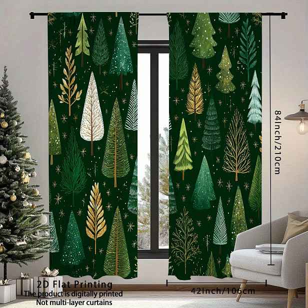 TEMU 2ks Sváteční Vánoční & Sněhová Vločka Potisk Závěsy - 24x59" & 52x108" Polyester, Světlo Filtrující, Moderní Sváteční Dekorace pro Obývací Pokoj