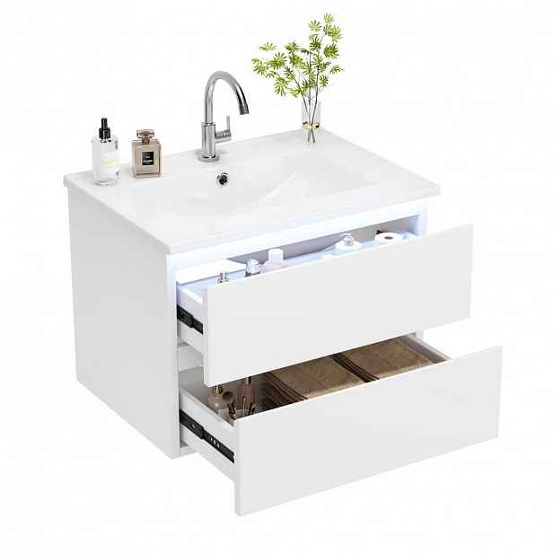 OKWISH ZÁVĚSNÁ skříňka s umyvadlem 61/46/45 cm bílá z MDF a keramiky s LED radarovým osvětlením