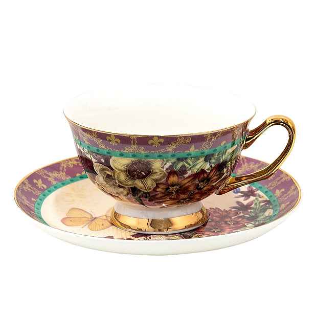 Porcelánový šálek s podšálkem s květy a motýlky - 12*10*6 cm / Ø 15*2 cm / 200 ml Clayre & Eef