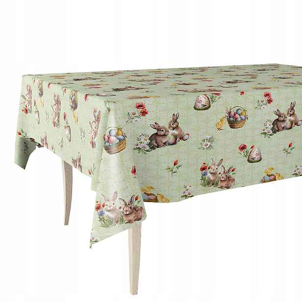 Cerata Hrubý Ubrus Zelený Velikonoce Psaníčka Zajíci Kuřata 140x450