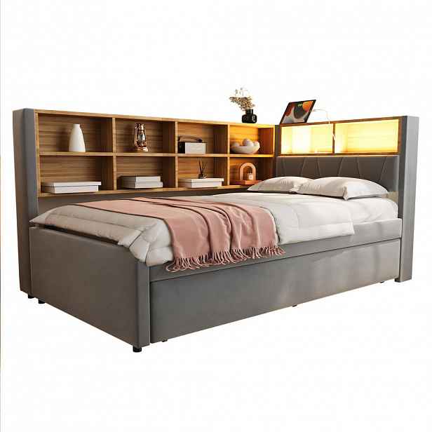 CHICFURN ROZKLÁDACÍ POHOVKA 90/200 cm & 90/190 cm v tmavě šedé barvě s LED, USB, Type-C a policemi