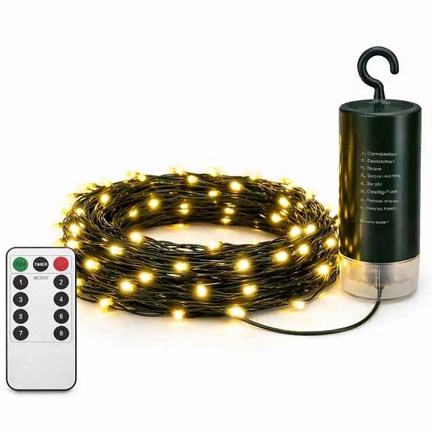 LED světýlka na baterie, venkovní, 10,2 m, teple bílá, 100 diod, tmavě zelný kabel, IP44, 4×AA