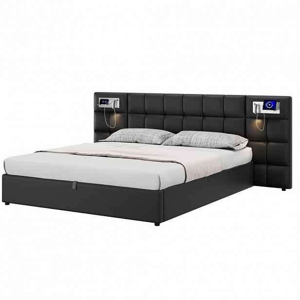 OKWISH ČALOUNĚNÁ postel 180/200 cm černá z PU s úložným prostorem USB a bezdrátovým nabíjením