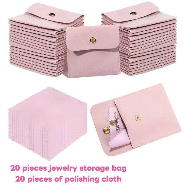 TEMU 40 ks Luxusních Sáčků na Šperky a Utěrek na Leštění - Elegantní Růžový Organizér na Šperky s Knoflíkovým Zapínáním, Odolný Polyester, Perfektní