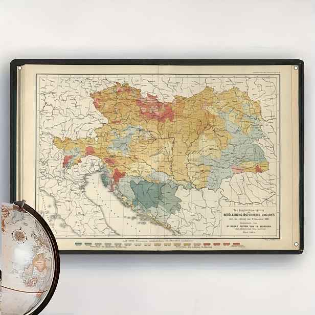 TEMU 2D Plochý, 1 ks, Vintage 1880 Mapa Obyvatelstva Rakousko-Uherského Císařství Nástěnná Dekorace - 20x30 cm Kovová Cedule s Barevně Označenými