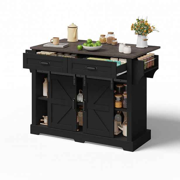 STILVORA KUCHYŇSKÝ OSTROV černý, servírovací vozík se sklopnou pracovní deskou a zásuvkami do kuchyně, 120 × 45(70) × 91 cm