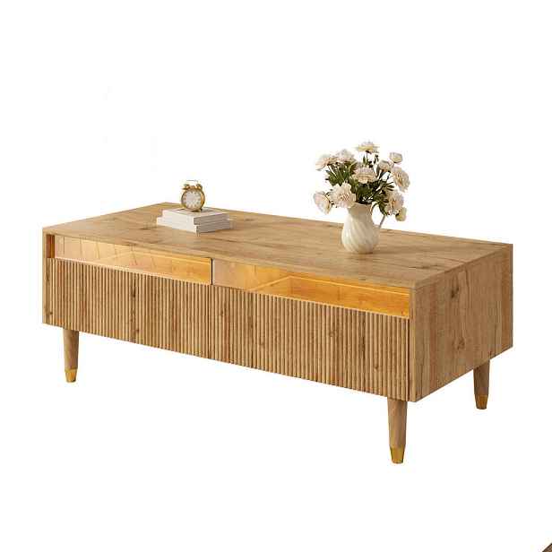 EVRYAE KONFERENČNÍ STOLEK LED osvětlení se 2 zásuvkami zvlněnou deskou Zlatá-Dřevo 110/50/40 cm