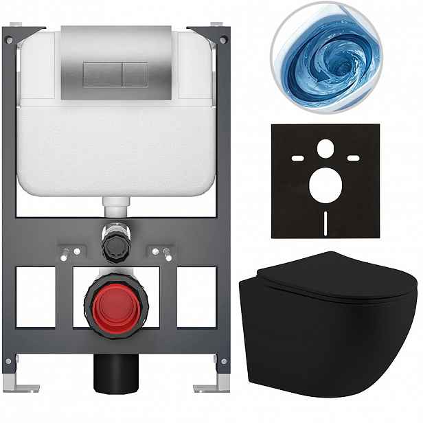 Kompletní WC set Basic/Cesso - černá matná - WC tlačítko Modulo/Stříbrná - závěsné - nízký modul - předstěnová instalace - 49x36 cm - 8050BD86239
