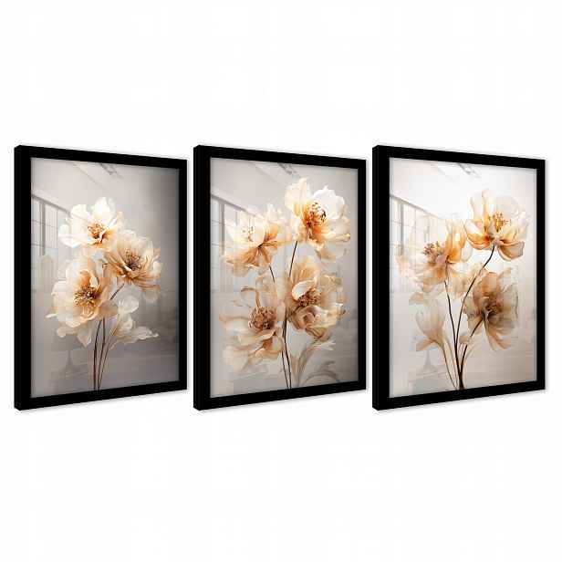 Plakáty Květiny Na Zeď V Černém Rámu Obrazy Triptych Moderní 73x159