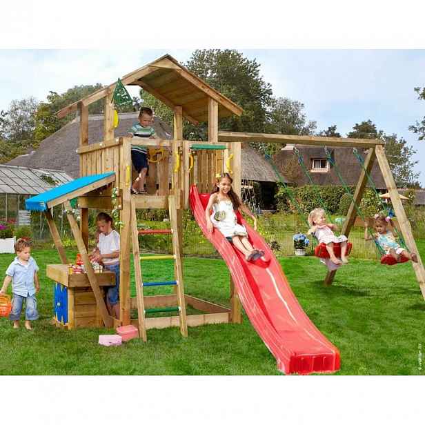 Hřiště Jungle Chalet se skluzavkou, modulem MiniMarket a 2-Swing Frame