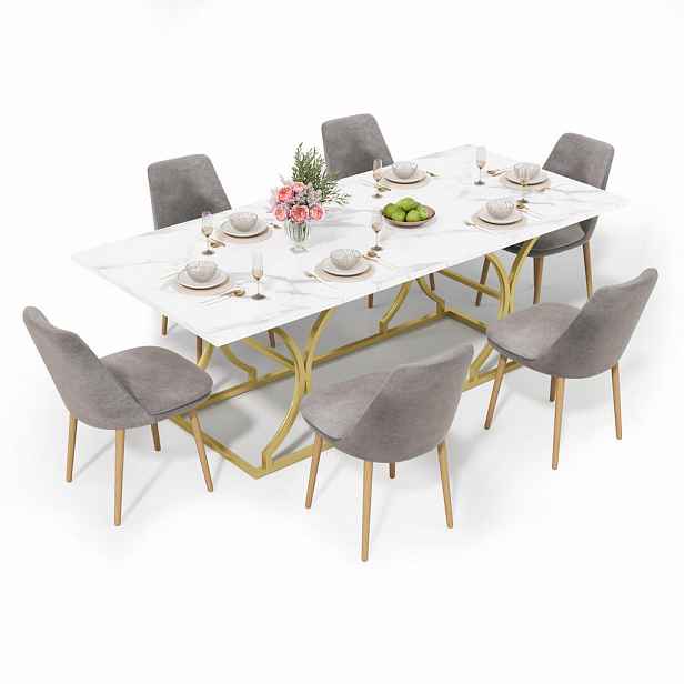 STILVORA JÍDELNÍ STŮL bílý a zlatý s deskou v mramorovém vzhledu pro 8–10 osob, 200 × 80 × 76 cm
