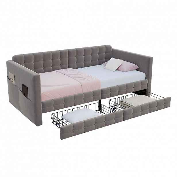 CHICFURN ČALOUNĚNÁ POSTEL 90/190 cm v šedé barvě se zásuvkami a bočními kapsami ze sametu