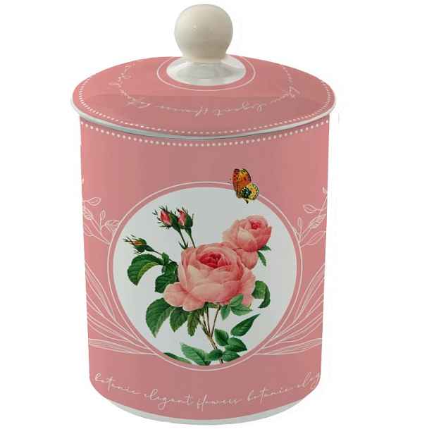 Porcelánová nádoba s víkem Květiny Motýl růžový pastelový na cukr