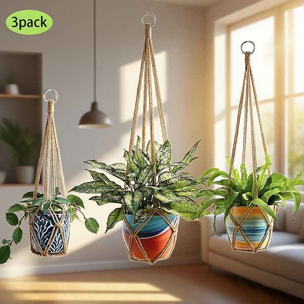 TEMU Sada 3 závěsných košíků na rostliny Macrame pro vnitřní použití 35"/29"/23" Pletené provazové květináče Háčkovaný držák na rostliny pro Boho