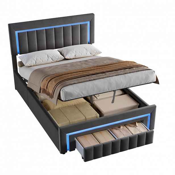 Redom ČALOUNĚNÁ postel 140x190 cm s hydraulickým lůžkovým boxem, zásuvkou s kolečky, LED osvětlením, Šedá
