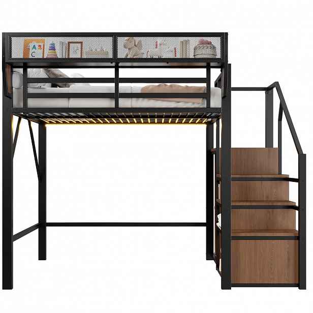 CHICFURN VYVÝŠENÁ POSTEL 140/200 cm v černé barvě s LED osvětlením, žebříkem a policí