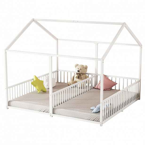 Modfu PATROVÁ postel z kovu 90x200 cm bílá s bezpečnostním zábradlím, žebříkem a designem domečku