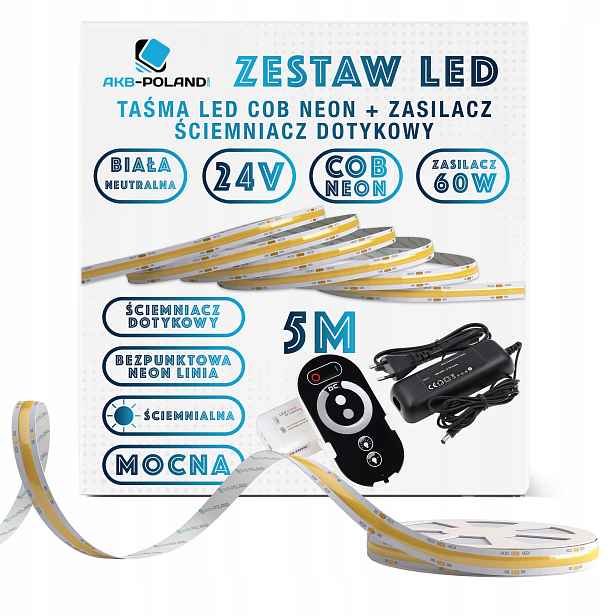 24V Sada Led pásek Cob Neutral 5M Dálkový Ovladač Dotykem.