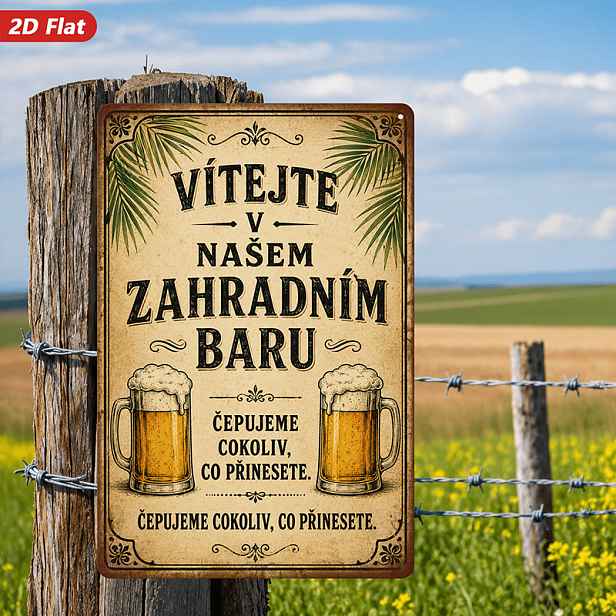 TEMU 2D plochá kovová cedule, 1 ks, nástěnné umění, vintage styl s piva, domácí dekorace, s českým textem "Vítejte v našem zahradním baru", ideální