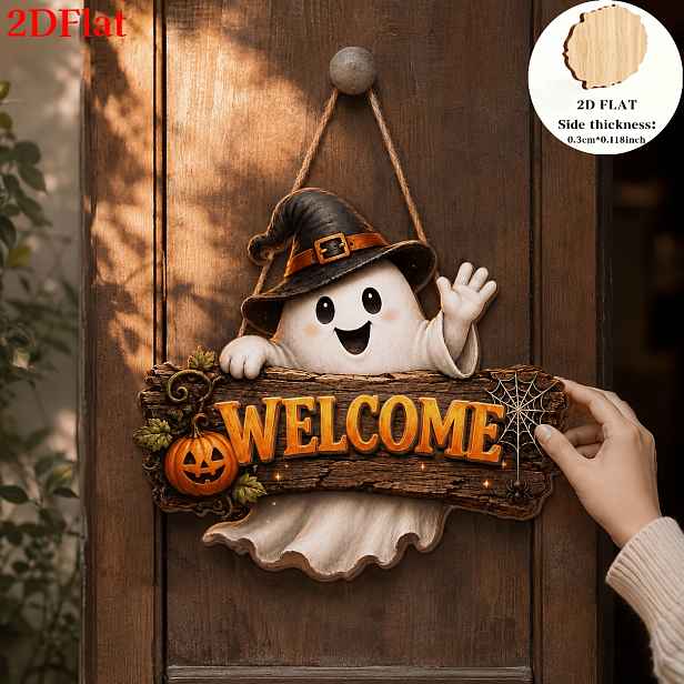 TEMU 2D plochá, 1ks halloweenská dřevěná cedule na dveře, roztomilá dekorace s duchem, ozdoba na verandu s dýní, strašidelný pohybující se dárek, pro