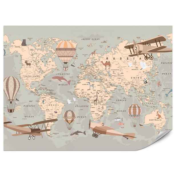 Muralo FOTOTAPETA do Dětského Pokoje Retro Mapa Světa Balóny Letadla 400x280