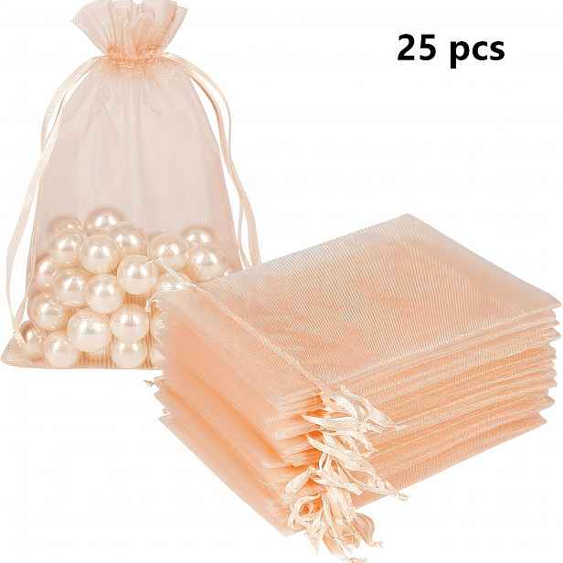 TEMU Dárek pro ni/pro něj 25 ks - 15 x 10 cm - oranžové růžové organzové sáčky, síťované sáčky se stahovací šňůrkou