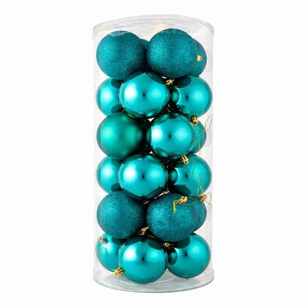 Sada vánočních ozdob paví zelená 8 cm plastové koule, 8× mat, 8× glitter, 8× lesk, balení 24 ks