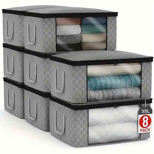 TEMU 8ks Balení 35L Skládací Stropní Úložné Tašky s Průhledovým Okénkem, Víkem a Úchyty - Zip s Rychlým Zapínáním, Odolná Textilie pro Oblečení,