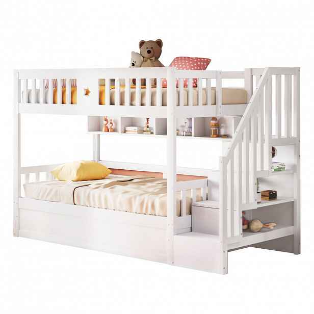 CHICFURN PALANDA 90/200 cm v bílé barvě s hydraulickým úložným prostorem, policí a úložnými schody