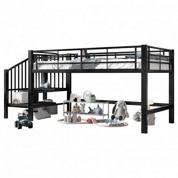 CHICFURN VYVÝŠENÁ POSTEL 90/200 cm v černé barvě se schůdky s úložným prostorem