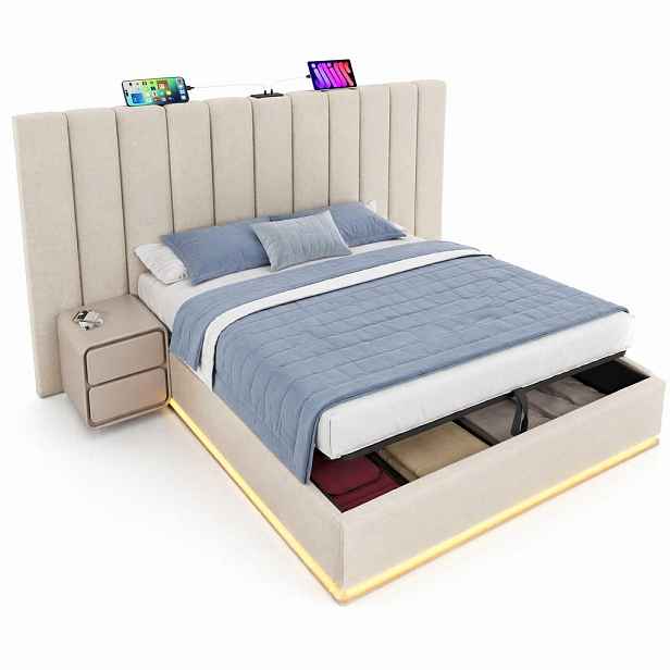 CHICFURN ČALOUNĚNÁ POSTEL 160/200 cm v béžové barvě s úložným prostorem, LED a USB-C ze lnu