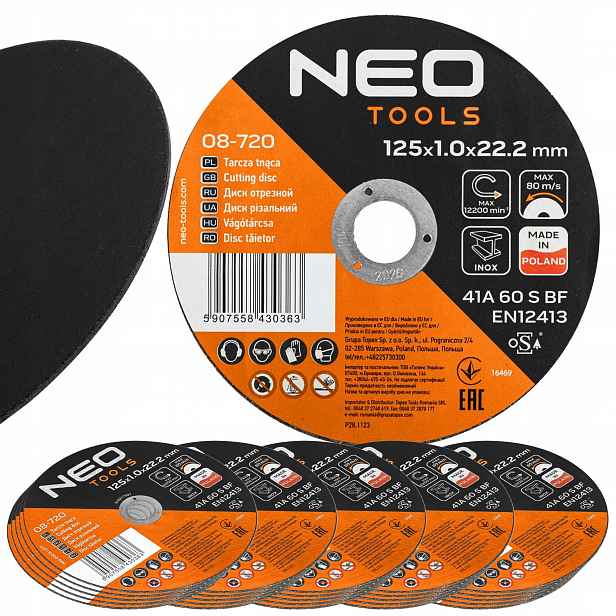 Neo Řezací kotouče na kov 41A 60 S Bf 125 x 1,0 x 22,23 Inox 25 kusů v balení
