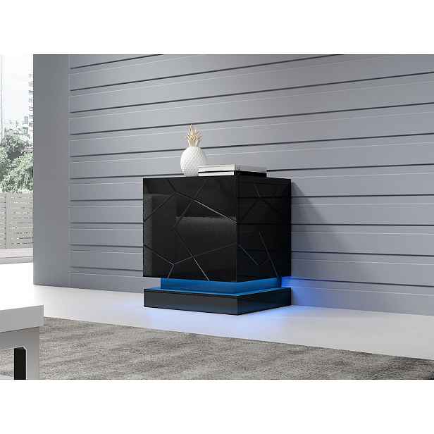 Set 2x noční stolek s modrým LED osvětlením LIMA - černý / lesklý černý