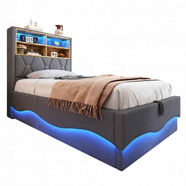 FLIEKS DĚTSKÁ POSTEL 90x200 Len LED Úložný Prostor Šedá