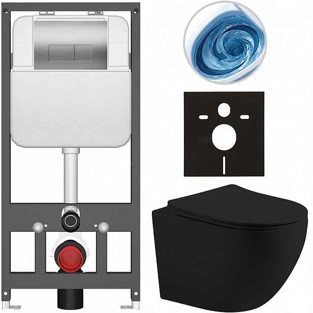 Kompletní WC set Basic/Cesso - černá matná - WC tlačítko Modulo/Stříbrná - závěsné - předstěnová instalace - 49x36 cm - 8050BD86238