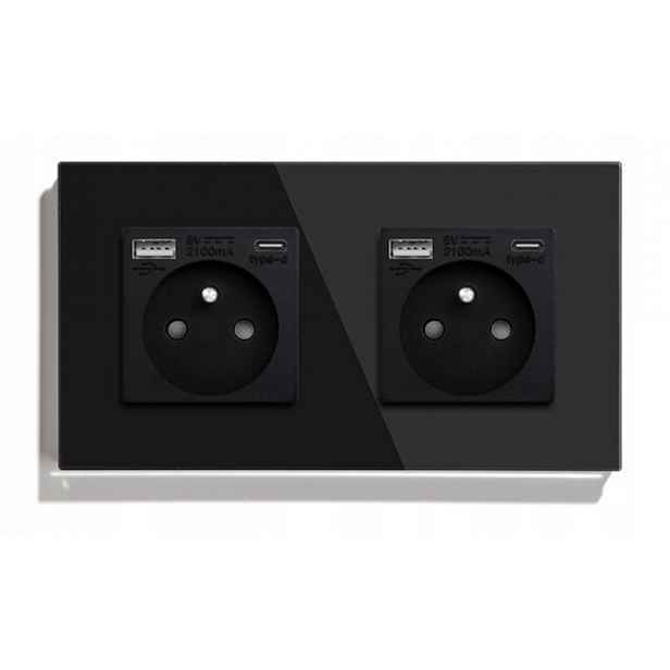 Skleněná Zásuvka Dvojitá Usb A+c Quick Charge 20W Qc 3.1A Kontakt 16A