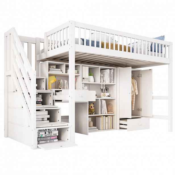 STILVORA HOCHBETT 90/200 cm in Weiß Kinderbett mit Treppe, Schreibtisch und Kleiderschrank