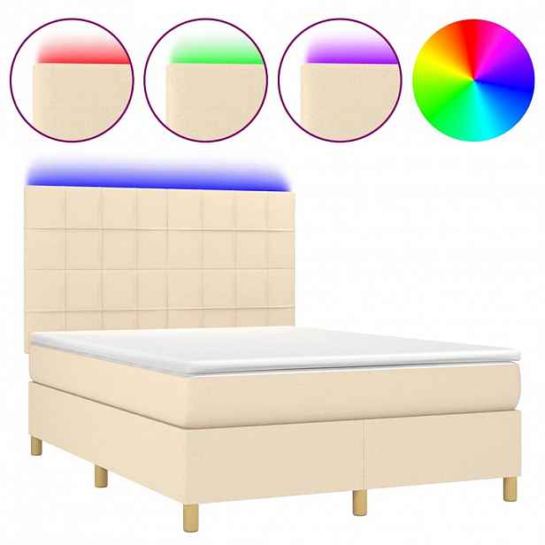 vidaXL Box spring postel s matrací a LED krémová 140x190 cm textil