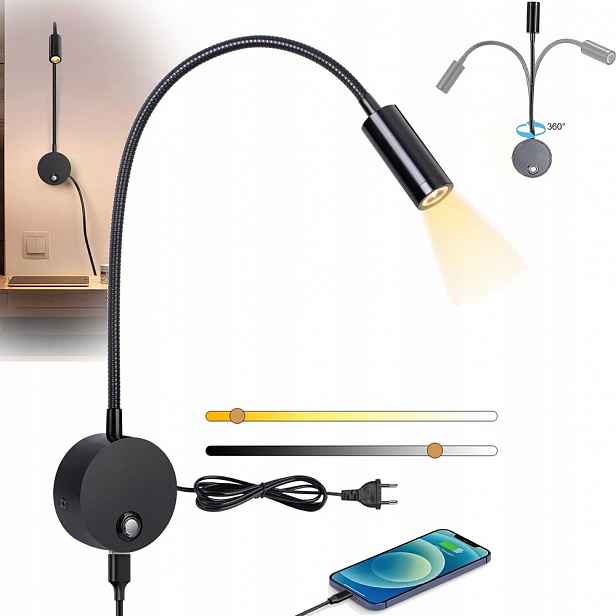 Nástěnné Svítidlo Nastavitelné Noční Lampa S Ohebným Rámem, Černé Nad Postelí Pro Čtení