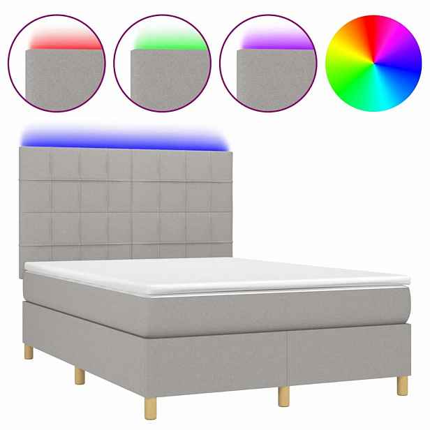 vidaXL Box spring postel s matrací a LED světle šedá 140x200 cm textil
