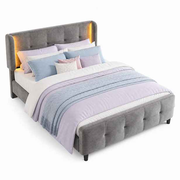 CHICFURN ČALOUNĚNÁ POSTEL 140/200 cm v šedé barvě ze sametu s LED osvětlením