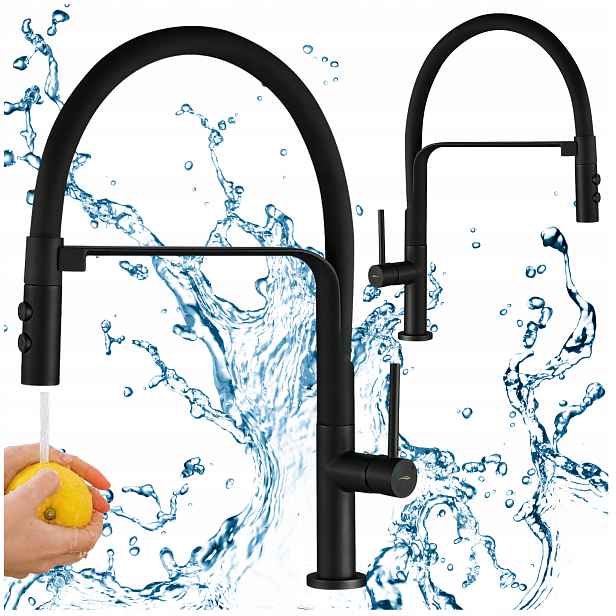 Kuchyňská Baterie Černá Stojící Flexibilní Ramínko Magnetický držák Kohoutek