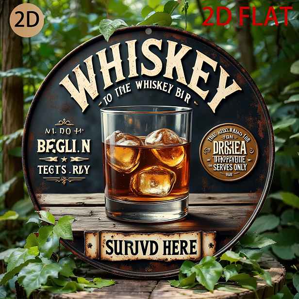 TEMU 2D plochá cedulka - Vintage plechová cedulka s kruhovým designem s whiskey, ideální pro dekoraci domácího baru pánské jeskyně