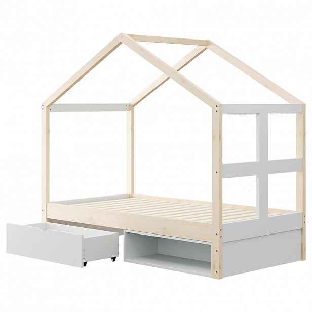 CHICFURN DOMEČKOVÁ POSTEL 90/190 cm v bílé a přírodní barvě se zásuvkami, LED a botníkem