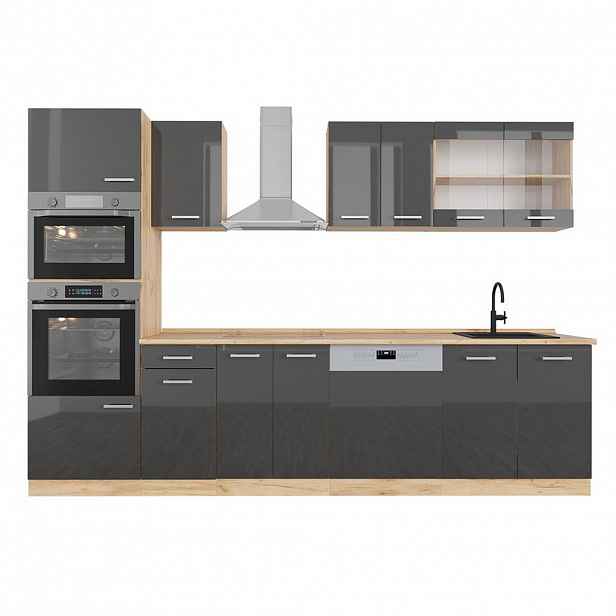 Vicco KUCHYŇSKÝ KOUT R-Line Antracitový vysoký lesk/zlatý dub power 300 cm s vysokou skříní, PD Dub