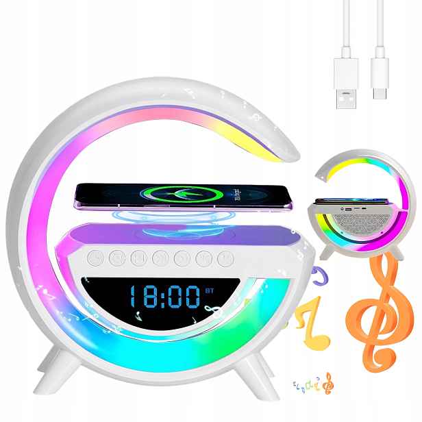 Led Noční Lampička Nabíječka Qi 7 Režimů Reproduktor Rgb Rádio Hodiny